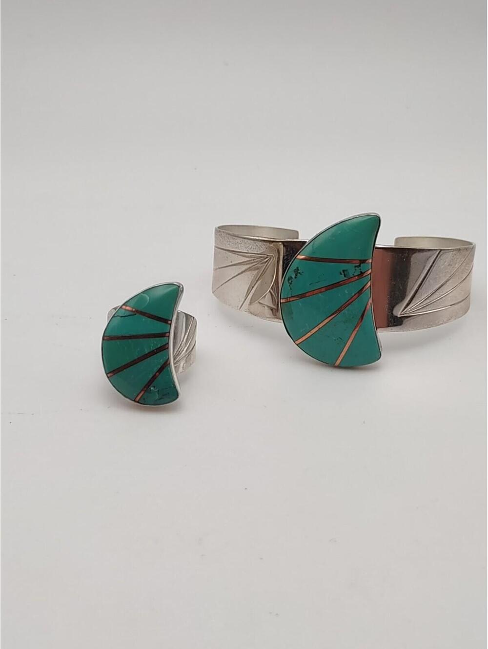 Jay King DTR Turquoise Inlay Ring Cuff Bracelet Set 7.5 925